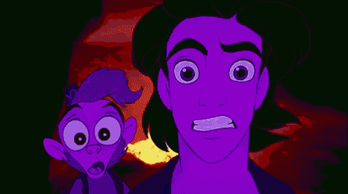 a purple cartoon character says start panicking next to a monkey