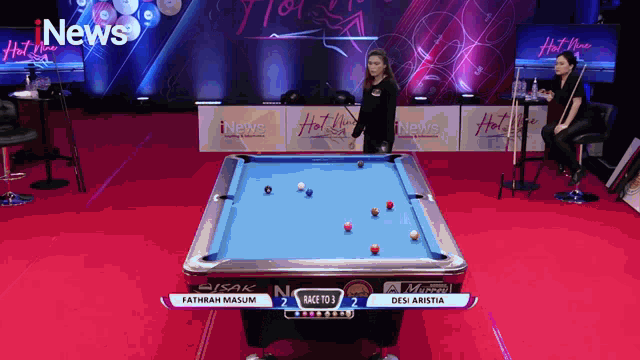 a pool table with a sign that says ' news ' on it