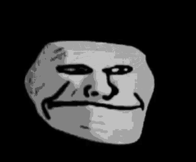 a black and white drawing of a scary troll face with a big mouth and eyes .