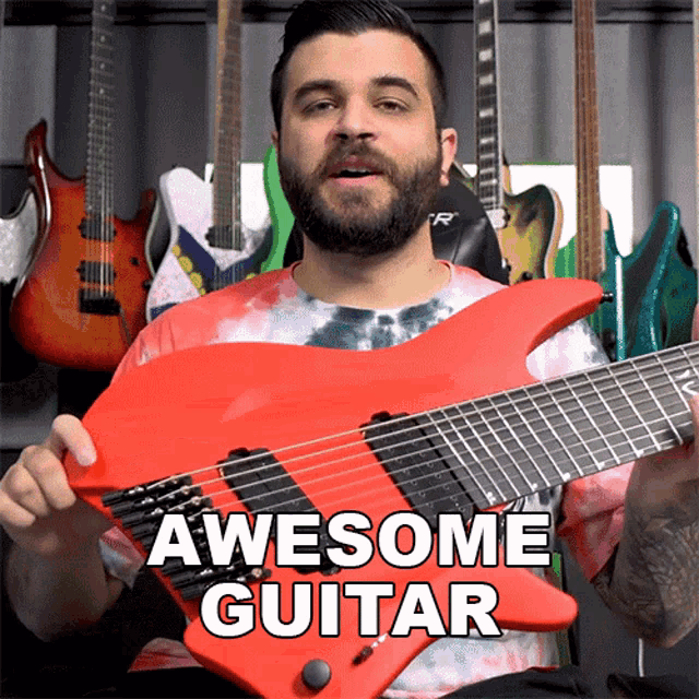 a man with a beard is holding a red guitar with the words awesome guitar above him