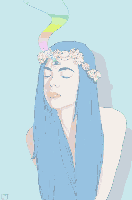 a drawing of a woman with blue hair and a third eye