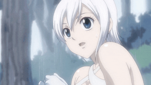 a girl with white hair and blue eyes is wearing a white top