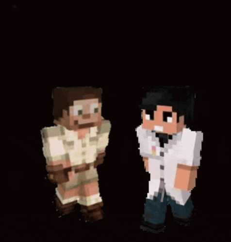 two minecraft characters standing next to each other in a dark room