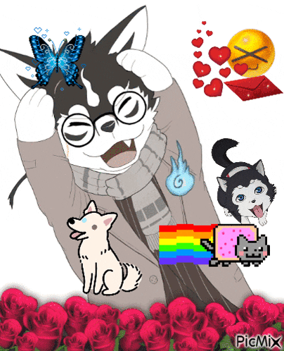 a drawing of a wolf with glasses and a butterfly on his head is surrounded by red roses
