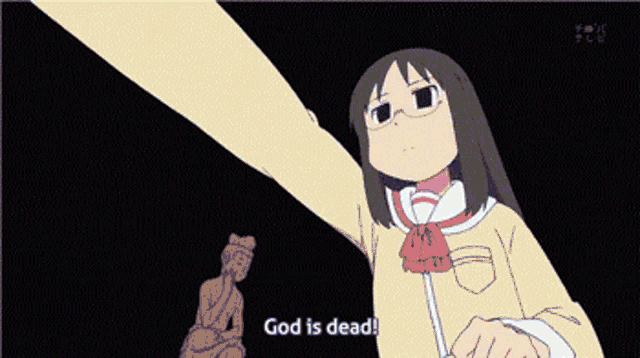 a cartoon of a girl holding a sword with the words god is dead behind her