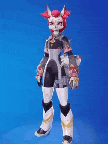 a cartoon character is standing in front of a blue background holding a sword .
