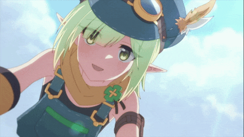 a girl with green hair is wearing overalls and a hat with a feather
