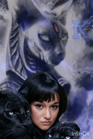 a painting of a woman surrounded by black cats with the letter k on the bottom right