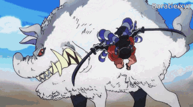 a cartoon drawing of a man riding on the back of a large white animal with baratiexxxz written on the bottom