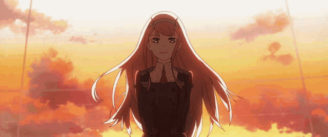 a girl with long blonde hair is standing in front of a sunset