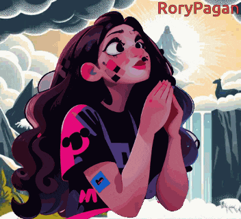 a pixel art drawing of a girl with the name rory pagan on the bottom left