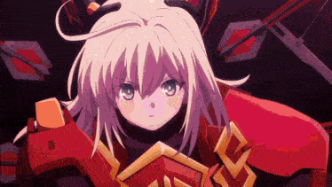 a girl with white hair and blue eyes is holding a red shield