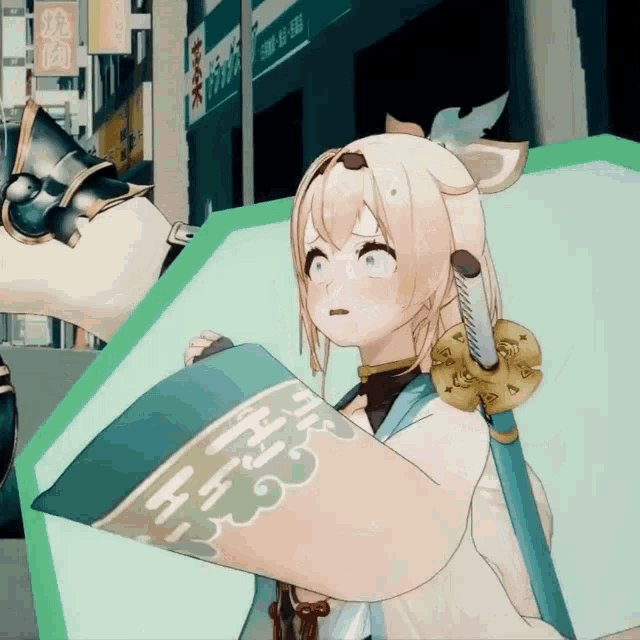 a girl with a sword is holding a piece of paper with chinese writing