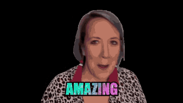 a woman with blue hair and a leopard print shirt says " amazing "