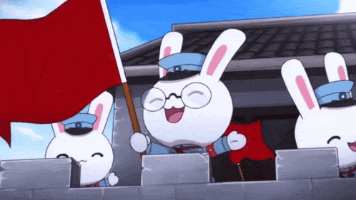 three cartoon rabbits are holding a red flag and smiling