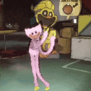 a pink cat is dancing in front of a cartoon character that says press here