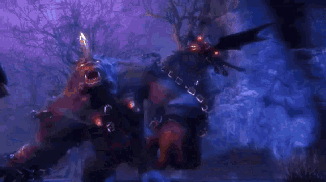 a monster is swimming in the water with a purple background and trees in the background .