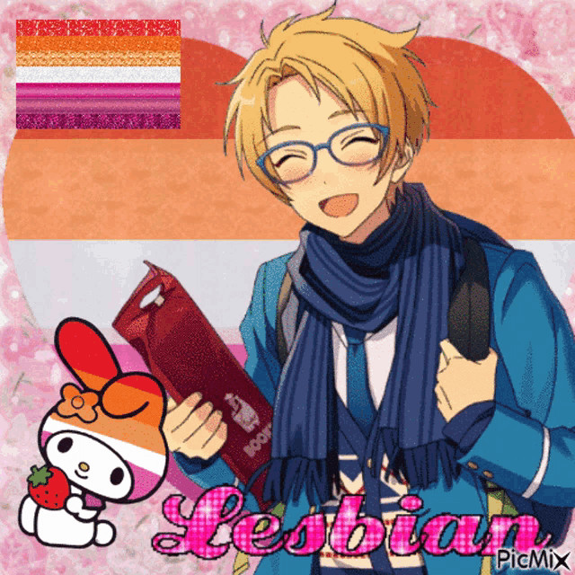 a picture of a boy with glasses and a scarf with the word lesbian on the bottom