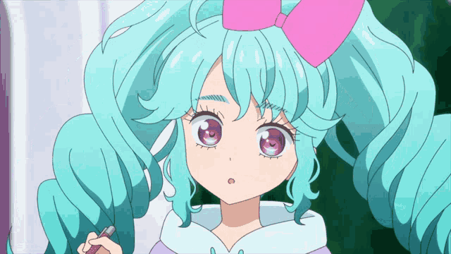 a girl with blue hair and a pink bow in her hair