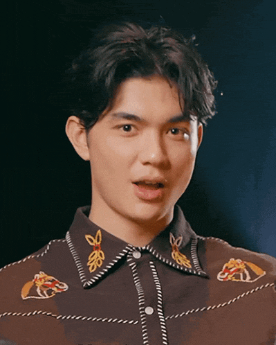 a young man wearing a brown shirt with embroidered horses on it
