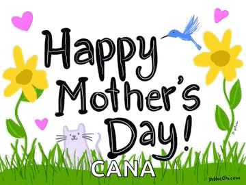 a happy mother 's day card with flowers , hearts and a cat .