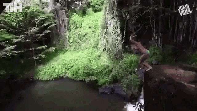 a man is jumping off a cliff into a river in the woods .