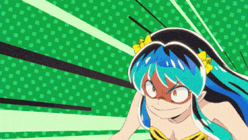 a cartoon drawing of a girl with blue hair and yellow bows