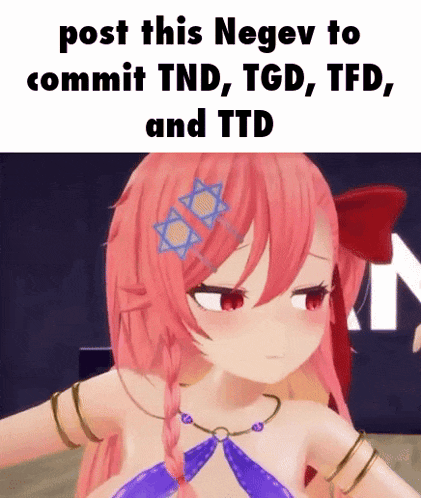 a cartoon girl with pink hair and a purple top is standing in front of a sign that says post this negev to commit