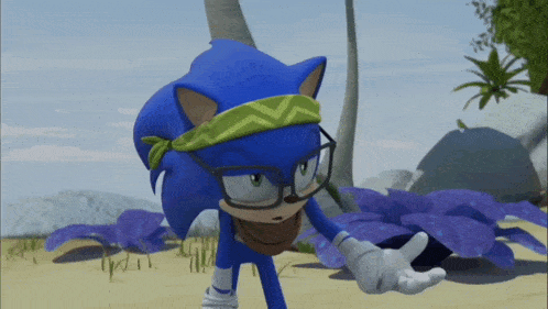 sonic the hedgehog wearing glasses and a headband