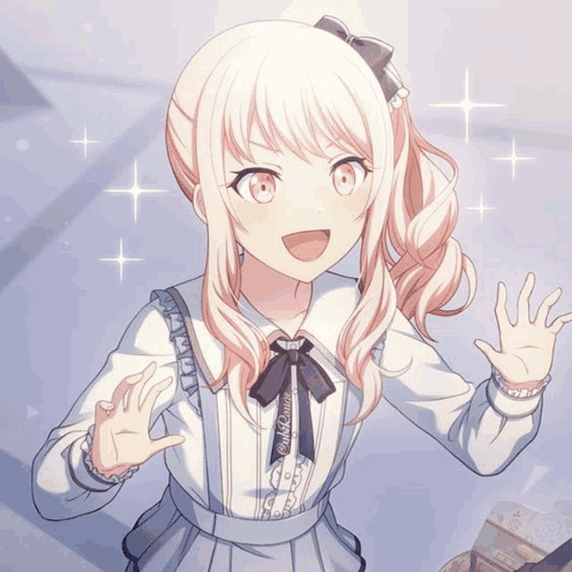 a girl with pink hair and a white shirt that says ' pink perfume ' on it