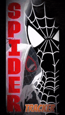 a poster for spider-man tracker with a spider web behind him