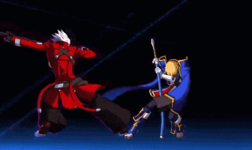 a video game character is fighting another character with a sword .