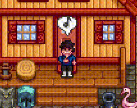 a pixel art of a man standing in front of a wooden house .