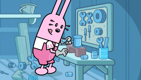 a cartoon of a pink bunny working on a machine