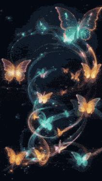 a bunch of butterflies are flying around each other on a black background