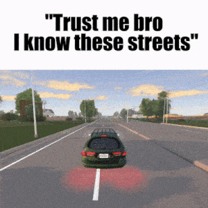 a green car is driving down a road with the words " trust me bro i know these streets " above it