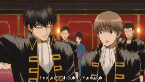 two anime characters are standing next to each other and one of them says i mean just look at yamazaki