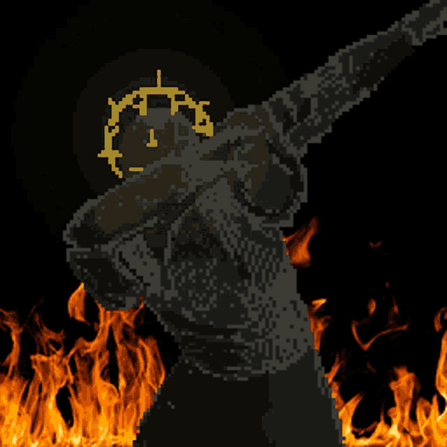 a pixel art drawing of a person standing in front of a fire