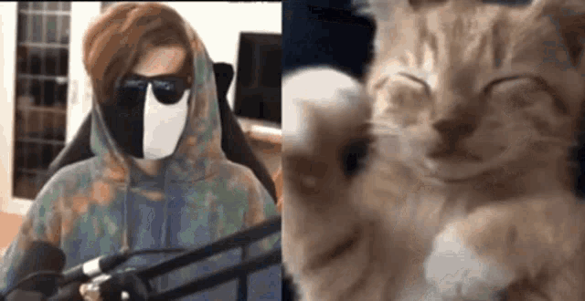 a man wearing a mask is sitting in a chair next to a cat .