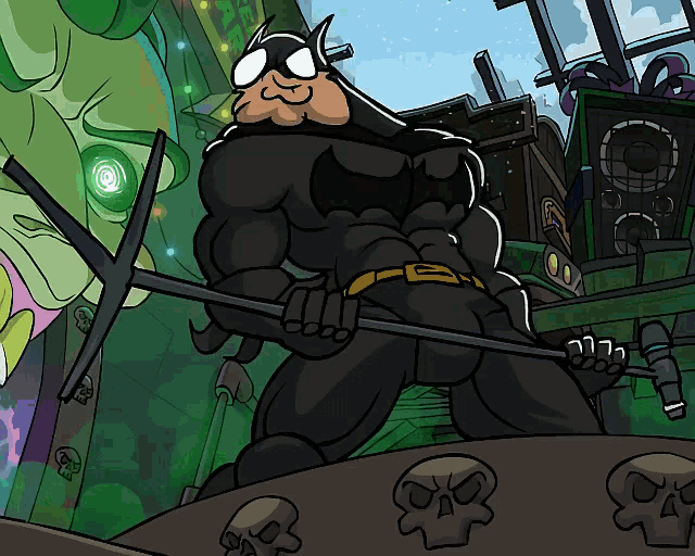 a cartoon drawing of a man in a batman costume holding a microphone