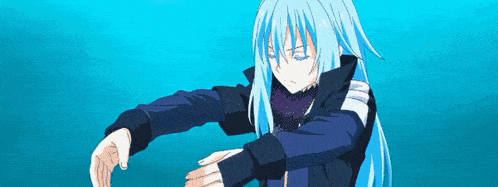 a blue haired anime girl is standing in front of a blue background .
