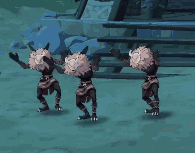 three cartoon characters are dancing in a video game .
