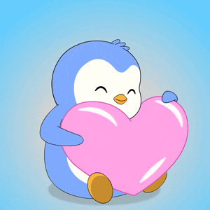 a penguin is holding a pink heart in its arms