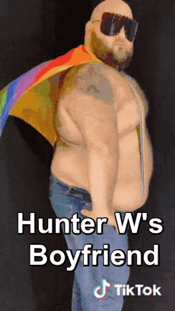 a picture of a man with a rainbow flag and the words hunter w 's boyfriend on the bottom