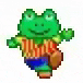 a pixel art of a frog wearing a striped shirt and blue shorts .