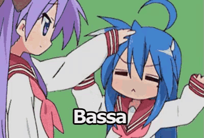 a cartoon of a girl putting her hand on another girl 's head with the word bassa above her