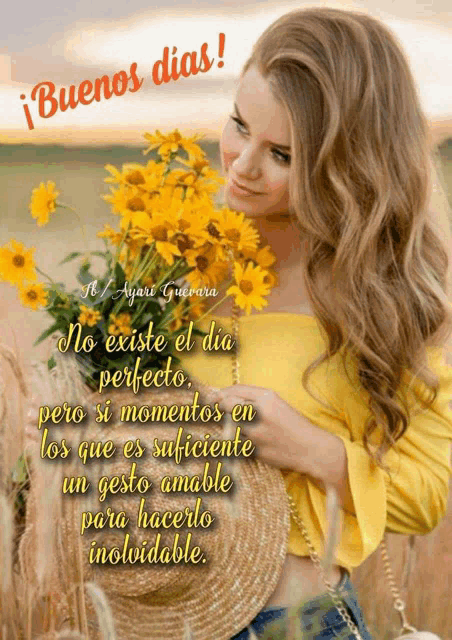 a woman in a yellow shirt holding a bouquet of flowers