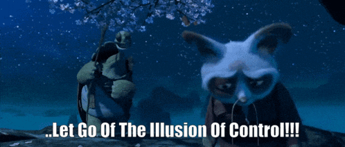 a turtle and a raccoon with the words let go of the illusion of control written below them