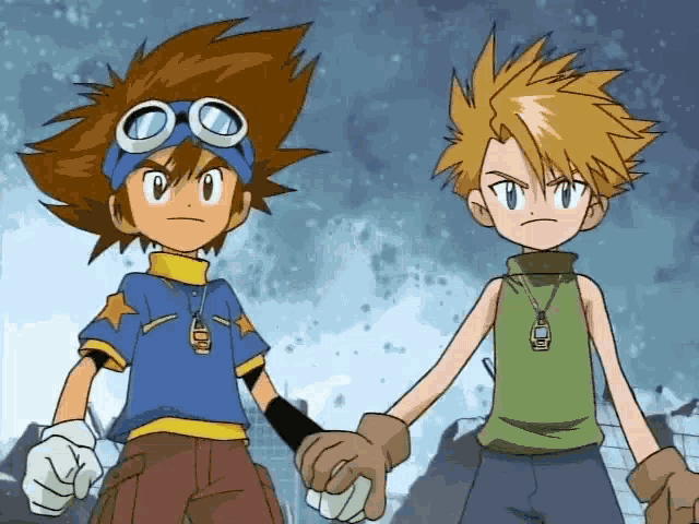 two cartoon characters holding hands with one wearing a necklace that says ' id '