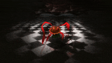 a cartoon drawing of a sunflower with red ribbons around it on a checkered floor